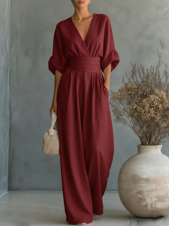 Jumpsuit Élégant à Col V et Taille Haute