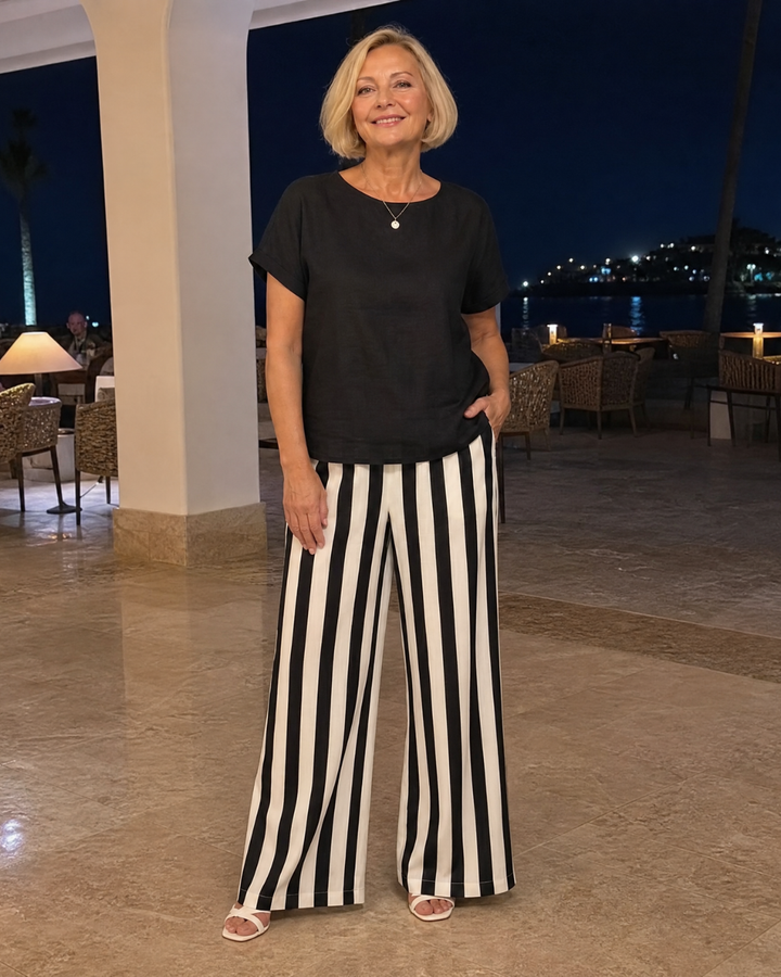Miolna | Ensemble Top en Mélange de Lin et Pantalons à Jambes Larges Rayés