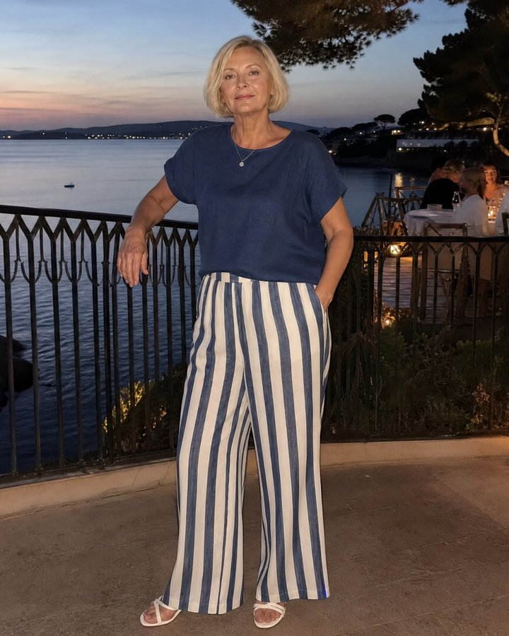 Miolna | Ensemble Top en Mélange de Lin et Pantalons à Jambes Larges Rayés