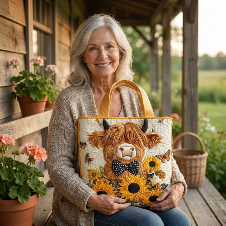 Sac à Matelassé - Vache des Highlands avec Tournesols