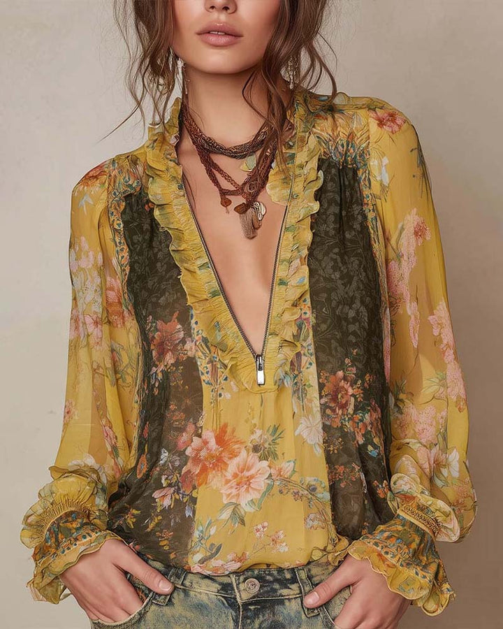 Blouse Imprimée Florale à Zip Demi