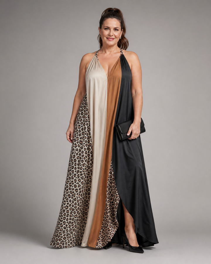 Zephielle | Robe Maxi Fluide à Imprimé Animal en Bloc de Couleurs