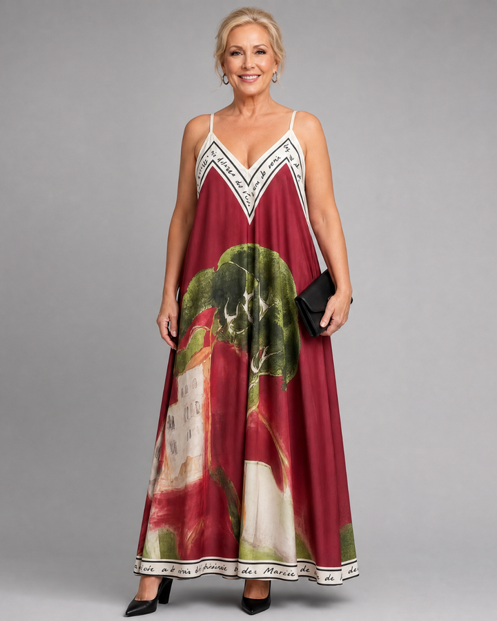 Lira | Robe Midi Flottante Sans Manches avec Imprimé Paysager
