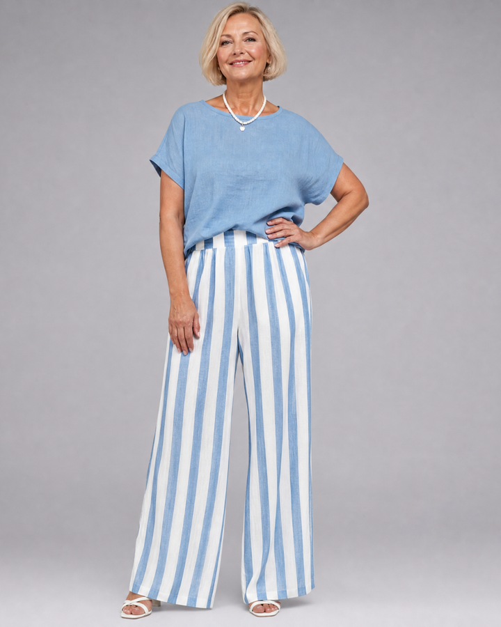 Miolna | Ensemble Top en Mélange de Lin et Pantalons à Jambes Larges Rayés