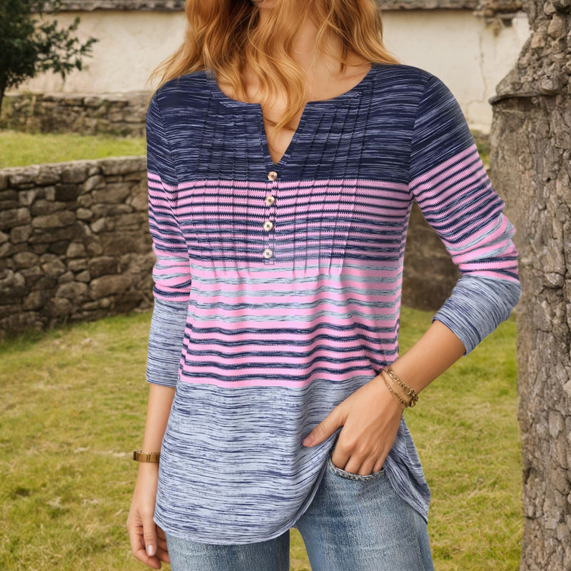 【Long Sleeve】Colour Block Striped Blouse