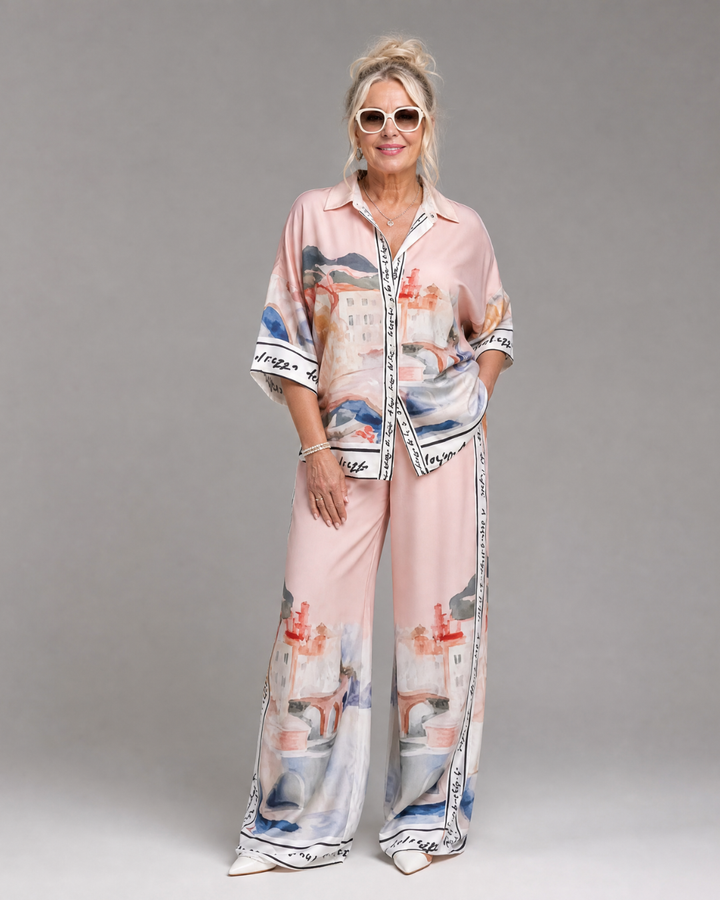 Akela | Chemise à Boutons Imprimée Scénique et Ensemble de Pantalons Larges