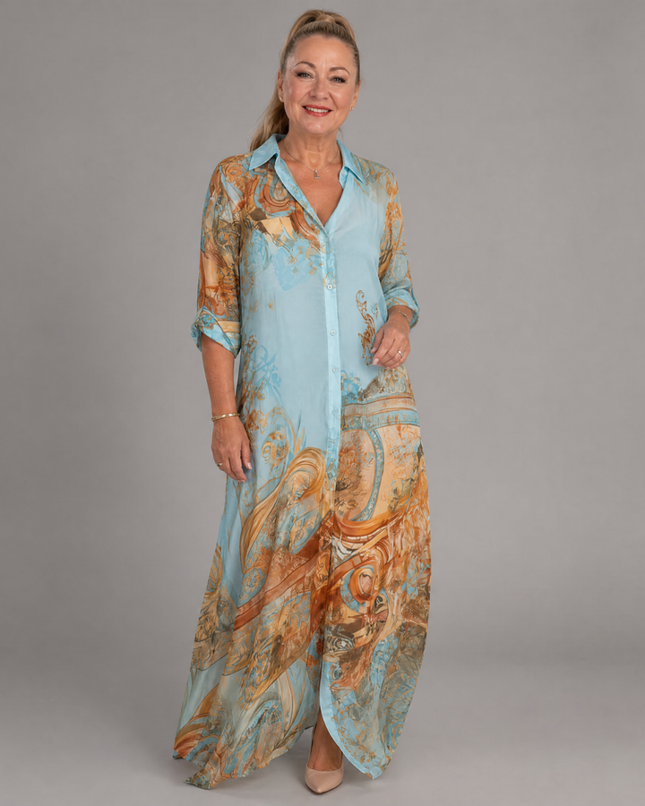 Azmira | Robe Maxi Fluide à Imprimé Baroque avec Boutonnage