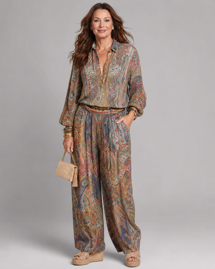 Virezza | Blouse à imprimé paisley orné et ensemble de pantalons à jambes larges