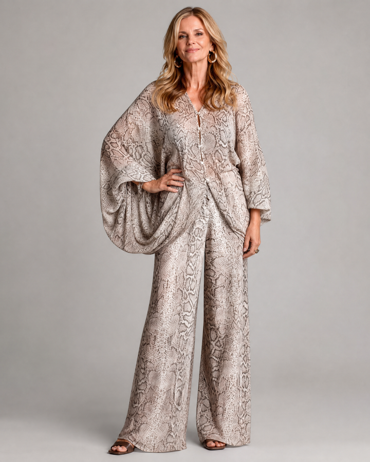 Esmoria | Blouse Drapée Imprimé Serpent Et Ensemble Pantalons Large