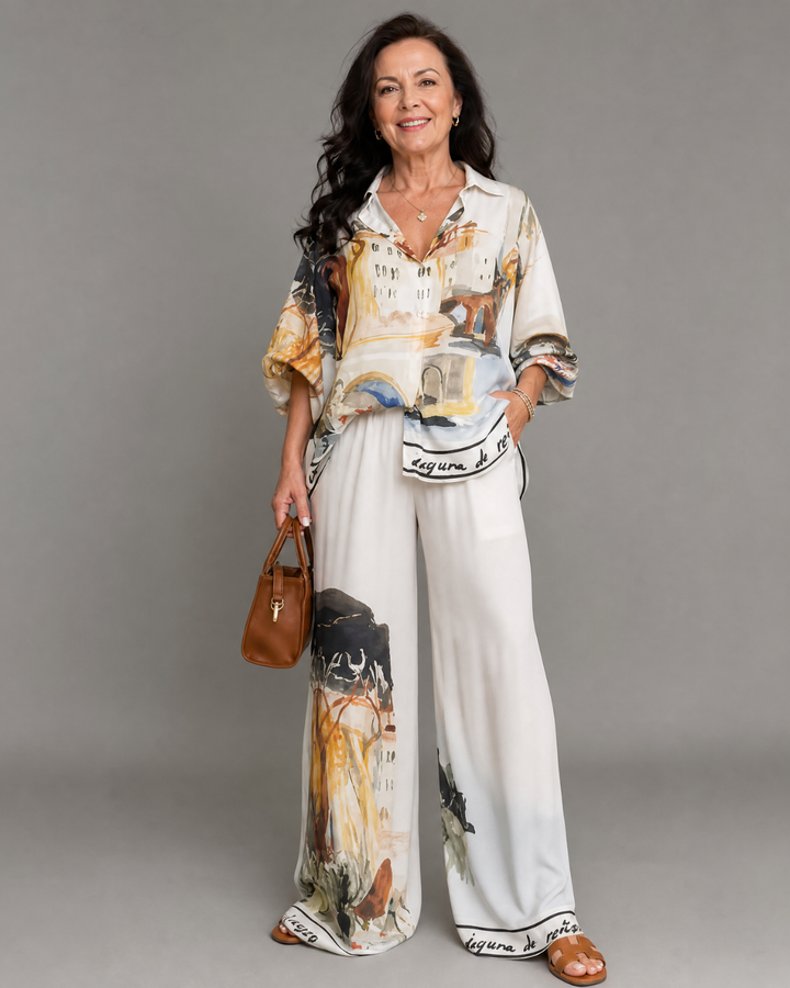 Calyra | Blouse à Imprimé Artistique et Ensemble de Pantalons Amples