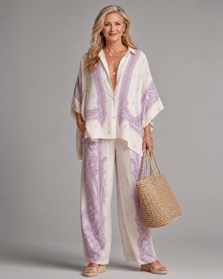 Sodaya | Ensemble Chemise Oversize à Imprimé Doux et Pantalon Large