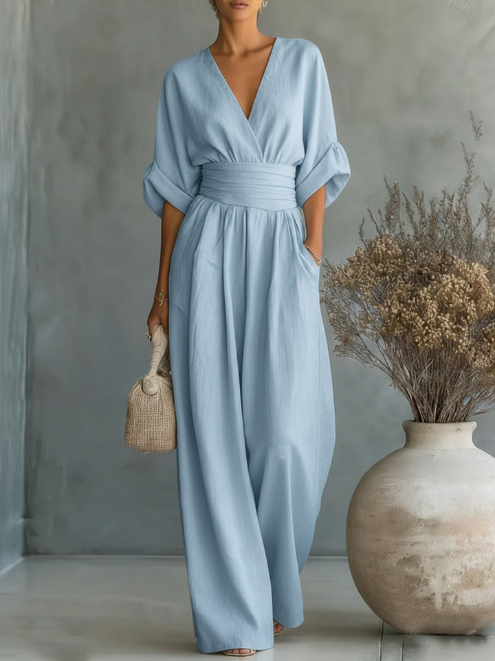 Jumpsuit Élégant à Col V et Taille Haute
