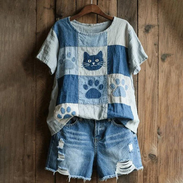 Vintage Cat Print T-Shirt