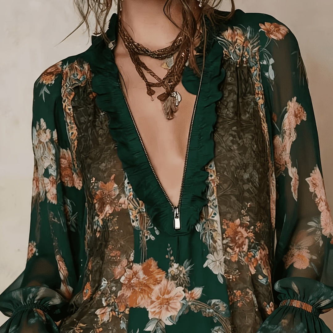 Blouse Imprimée Florale à Zip Demi