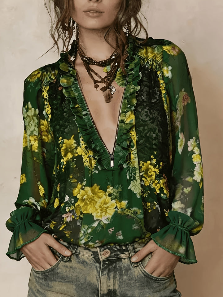Blouse Imprimée Florale à Zip Demi