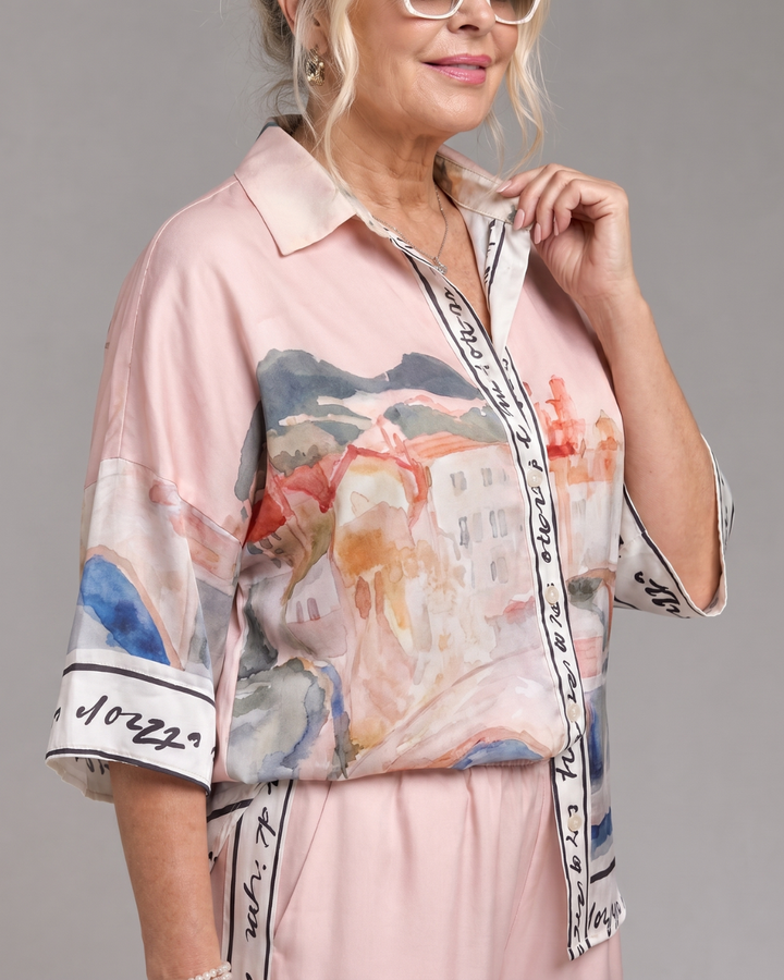 Akela | Chemise à Boutons Imprimée Scénique et Ensemble de Pantalons Larges