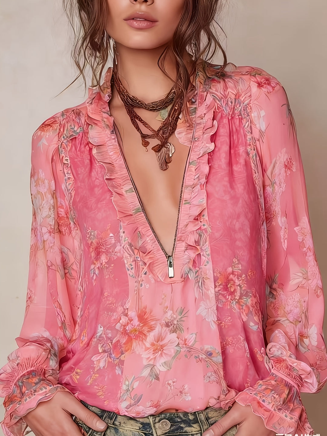 Blouse Imprimée Florale à Zip Demi
