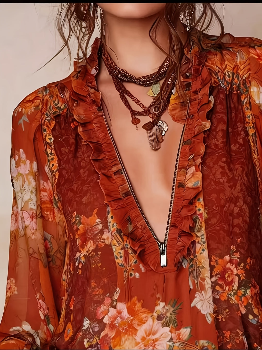 Blouse Imprimée Florale à Zip Demi