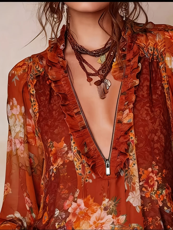 Blouse Imprimée Florale à Zip Demi