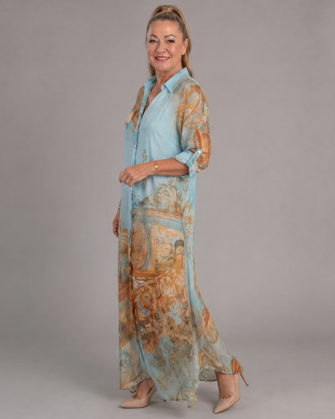 Azmira | Robe Maxi Fluide à Imprimé Baroque avec Boutonnage