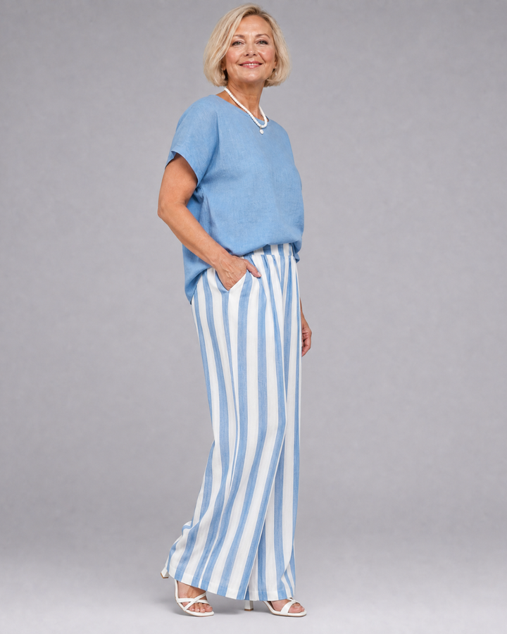Miolna | Ensemble Top en Mélange de Lin et Pantalons à Jambes Larges Rayés