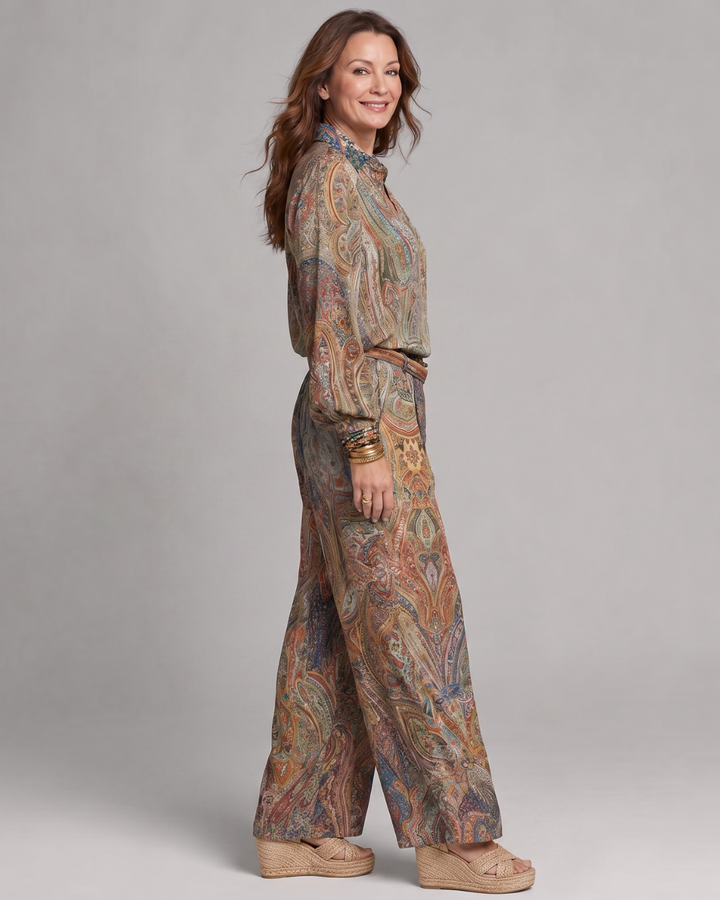 Virezza | Blouse à imprimé paisley orné et ensemble de pantalons à jambes larges