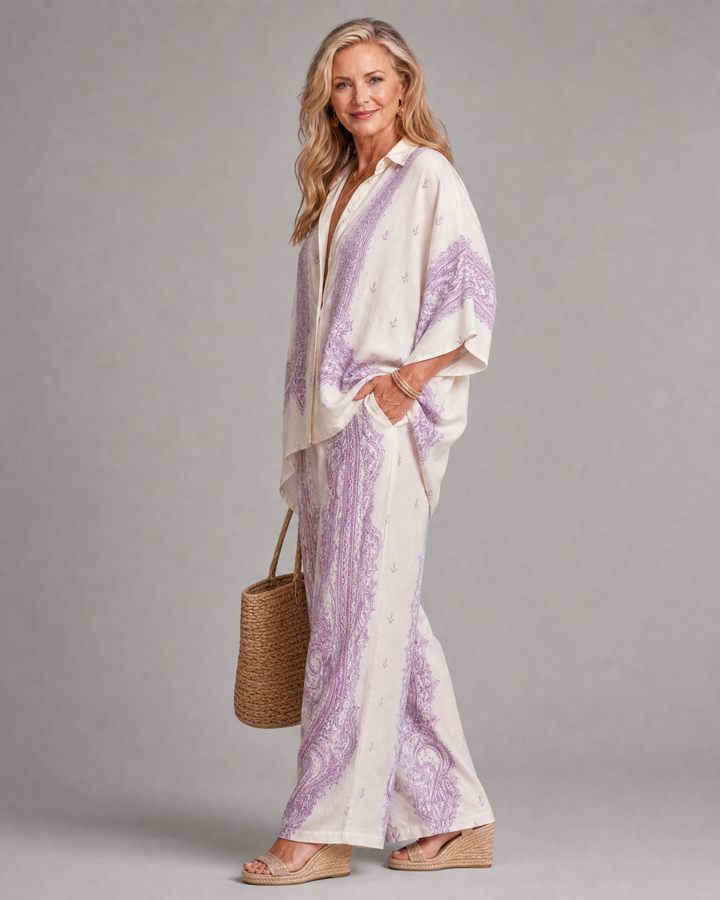 Sodaya | Ensemble Chemise Oversize à Imprimé Doux et Pantalon Large