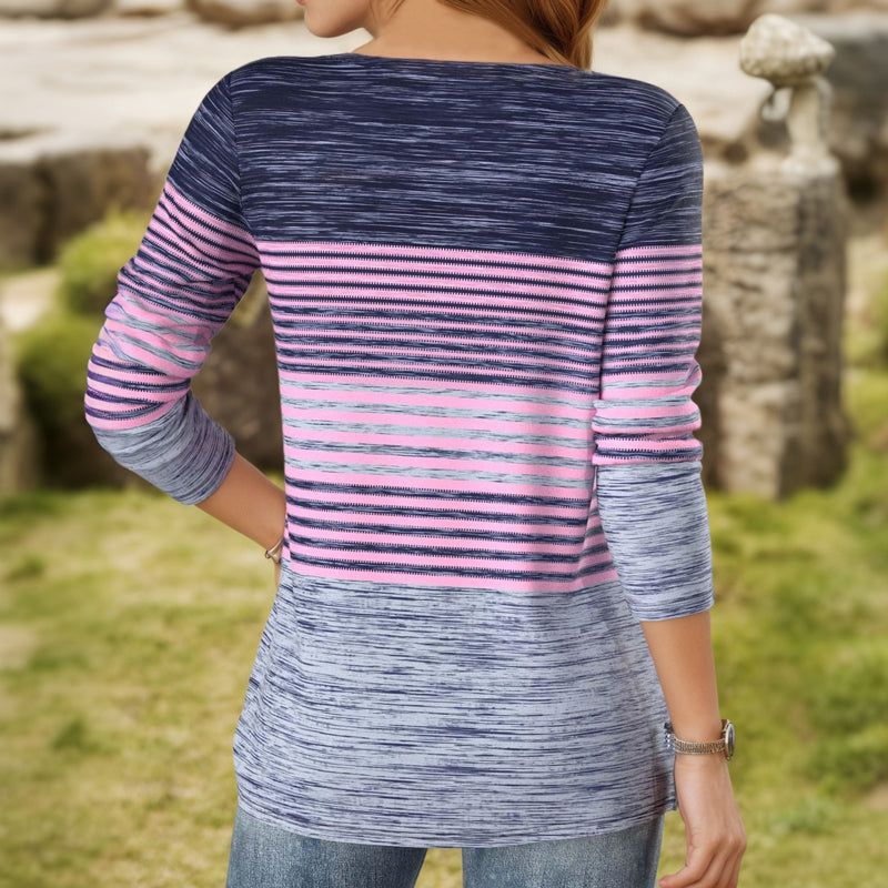 【Long Sleeve】Colour Block Striped Blouse