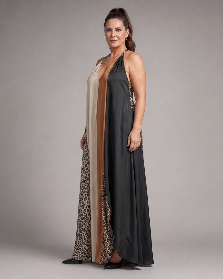 Zephielle | Robe Maxi Fluide à Imprimé Animal en Bloc de Couleurs