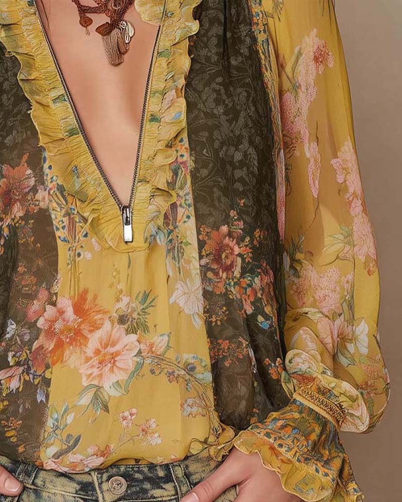 Blouse Imprimée Florale à Zip Demi