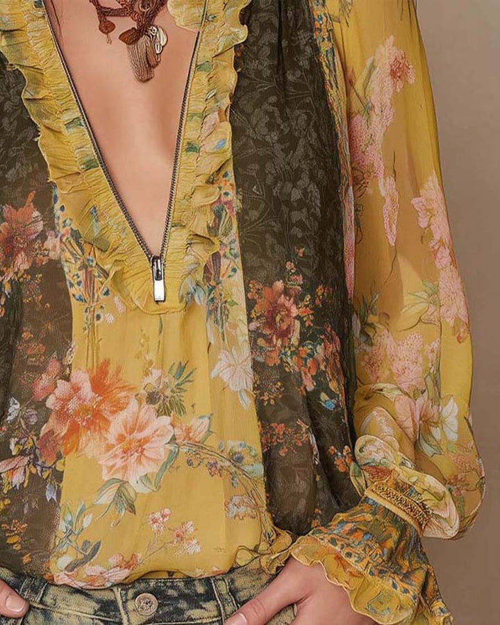 Blouse Imprimée Florale à Zip Demi