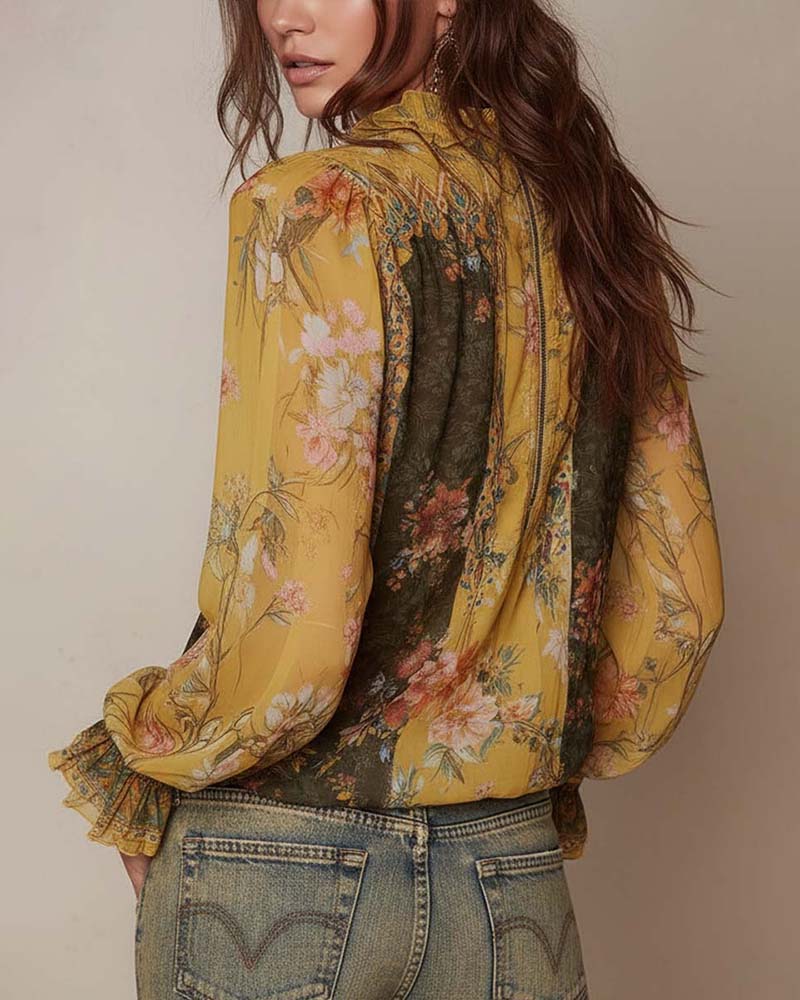 Blouse Imprimée Florale à Zip Demi