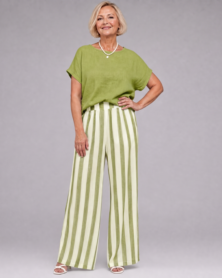 Miolna | Ensemble Top en Mélange de Lin et Pantalons à Jambes Larges Rayés