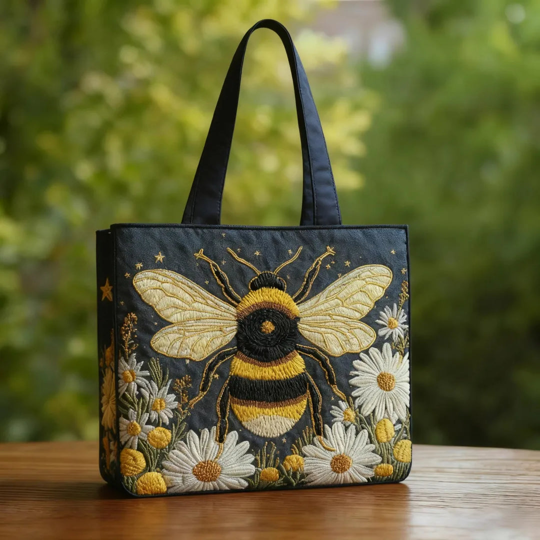 Sac Shopper Artisanal - Abeille avec Marguerites et Étoiles