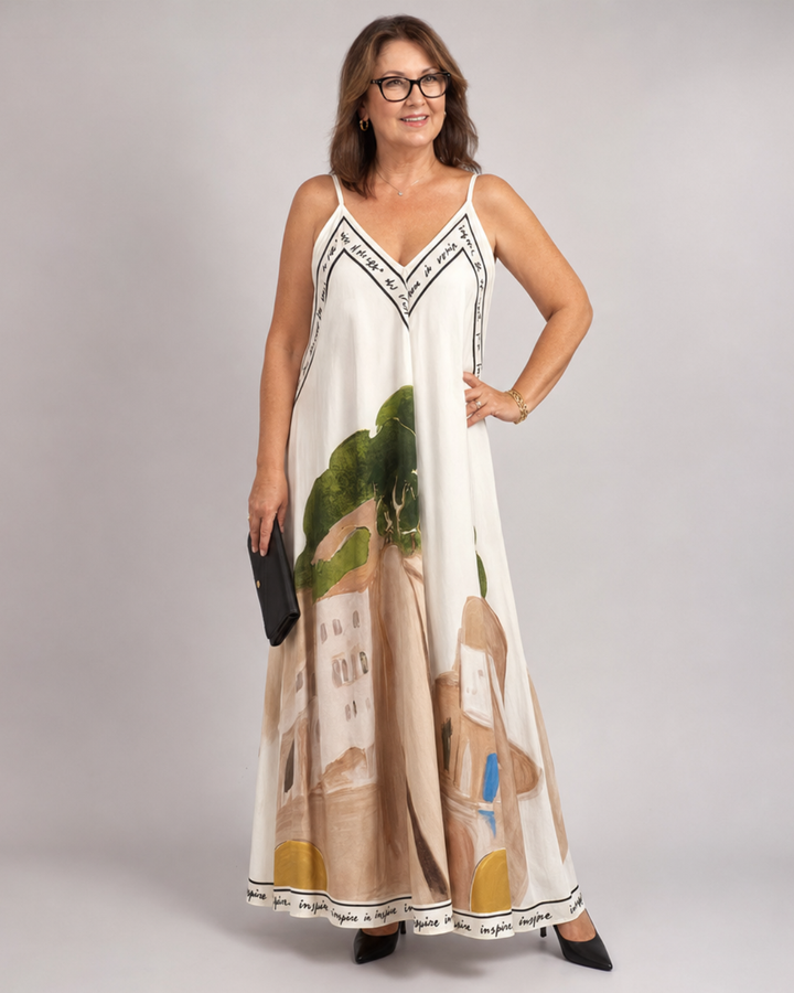 Lira | Robe Midi Flottante Sans Manches avec Imprimé Paysager