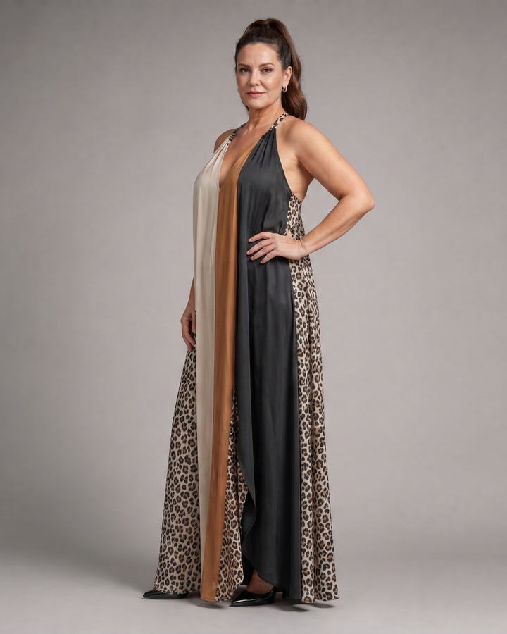Zephielle | Robe Maxi Fluide à Imprimé Animal en Bloc de Couleurs