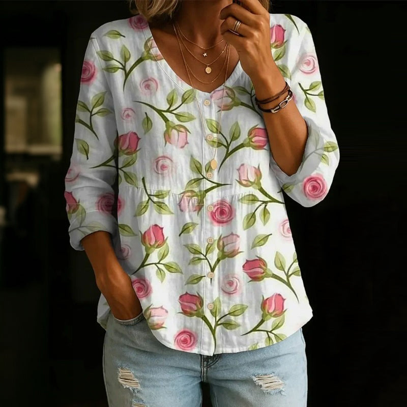 【Long Sleeve】Vintage Floral Print Blouse