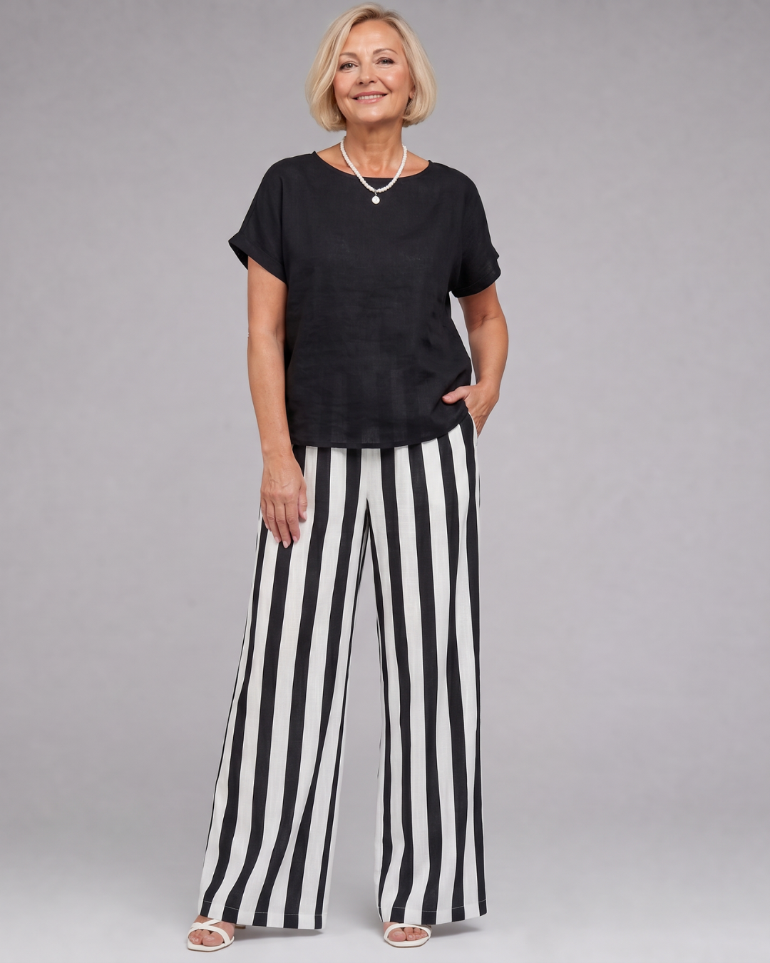 Miolna | Ensemble Top en Mélange de Lin et Pantalons à Jambes Larges Rayés