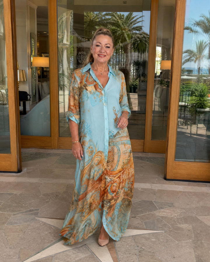 Azmira | Robe Maxi Fluide à Imprimé Baroque avec Boutonnage