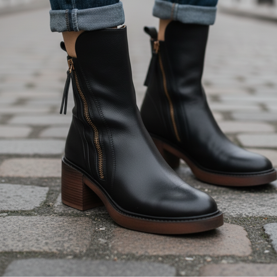 Valorine™ | Botte en cuir noire avec un talon confortable, élégante et intemporelle