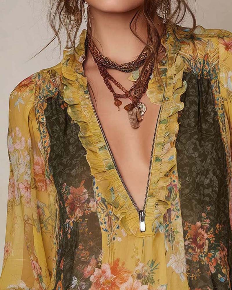 Blouse Imprimée Florale à Zip Demi