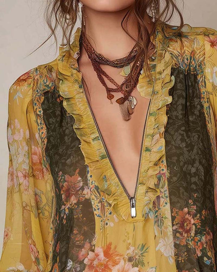 Blouse Imprimée Florale à Zip Demi