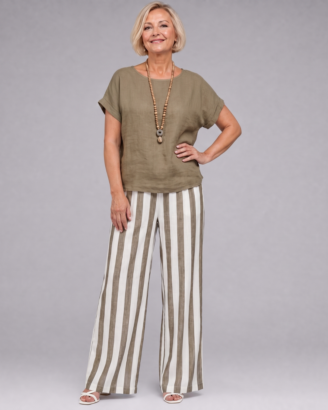 Miolna | Ensemble Top en Mélange de Lin et Pantalons à Jambes Larges Rayés