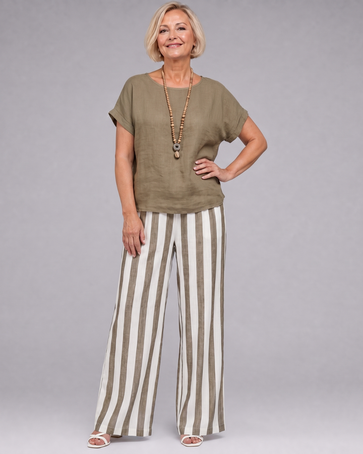 Miolna | Ensemble Top en Mélange de Lin et Pantalons à Jambes Larges Rayés