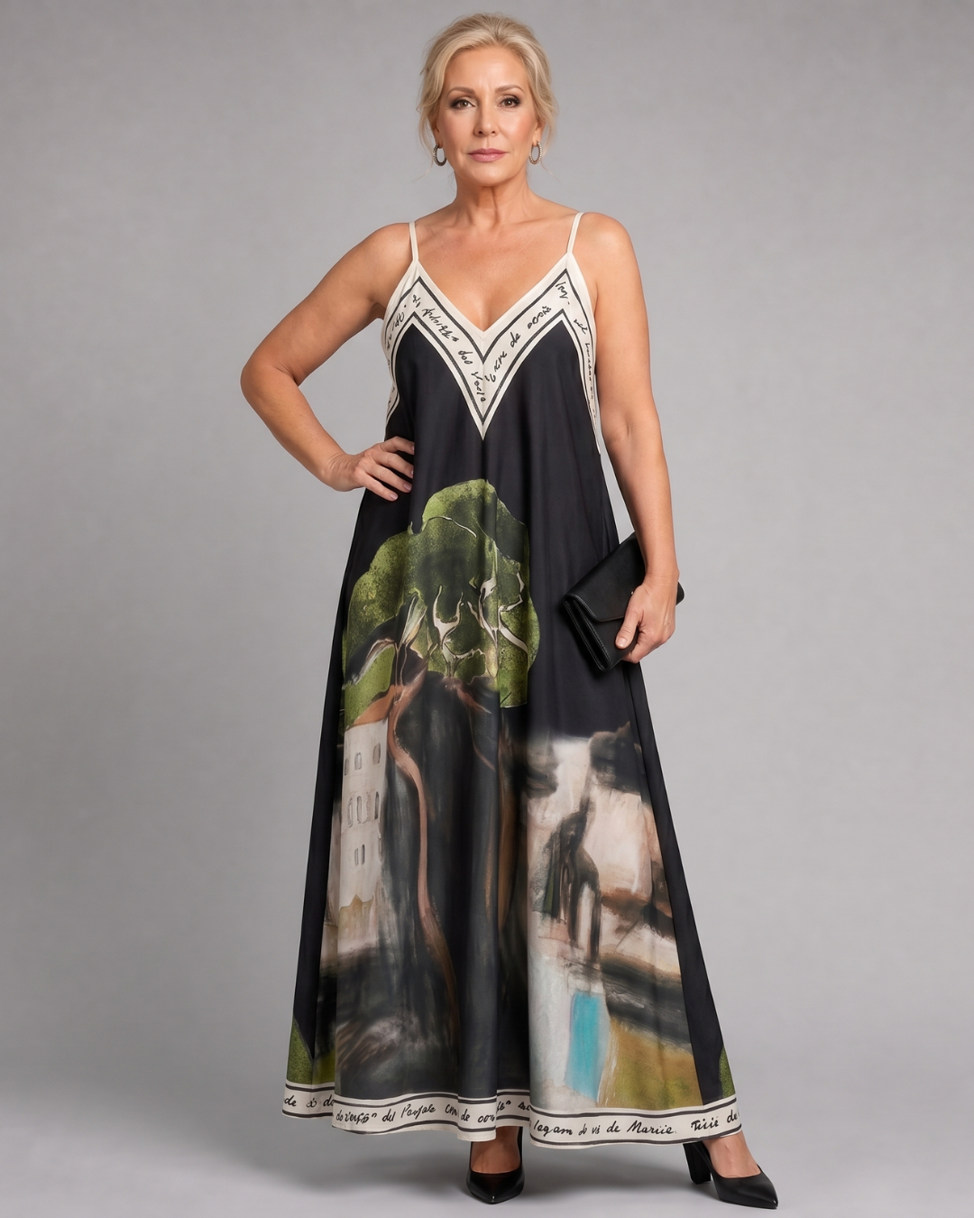 Lira | Robe Midi Flottante Sans Manches avec Imprimé Paysager
