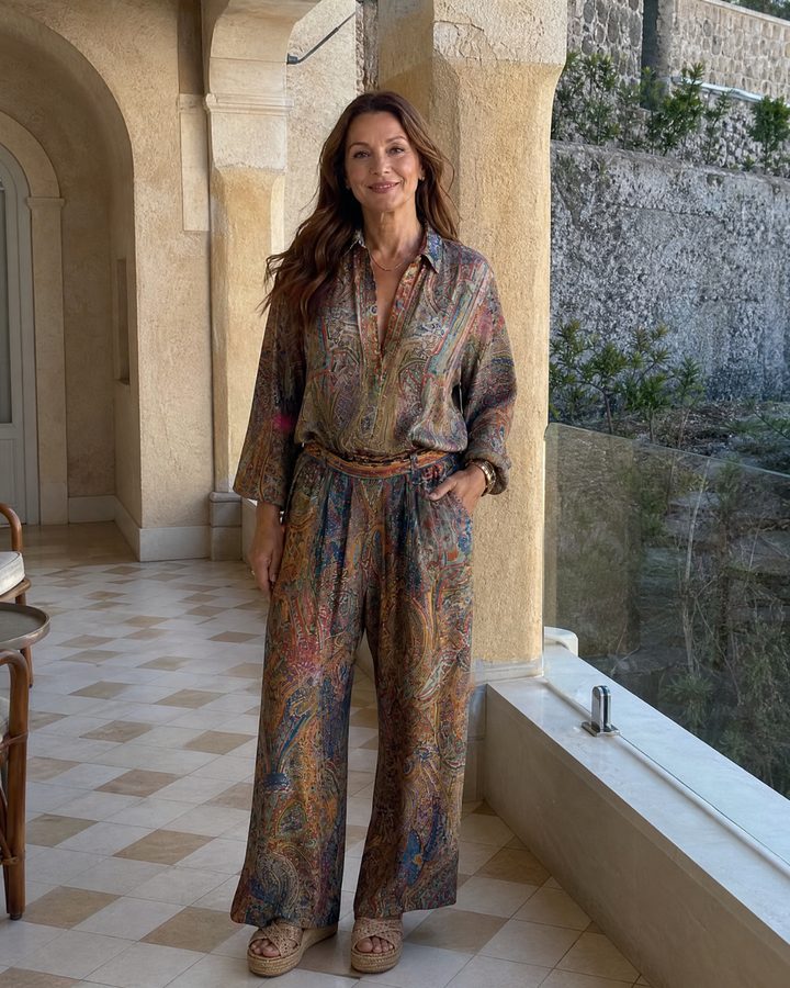 Virezza | Blouse à imprimé paisley orné et ensemble de pantalons à jambes larges