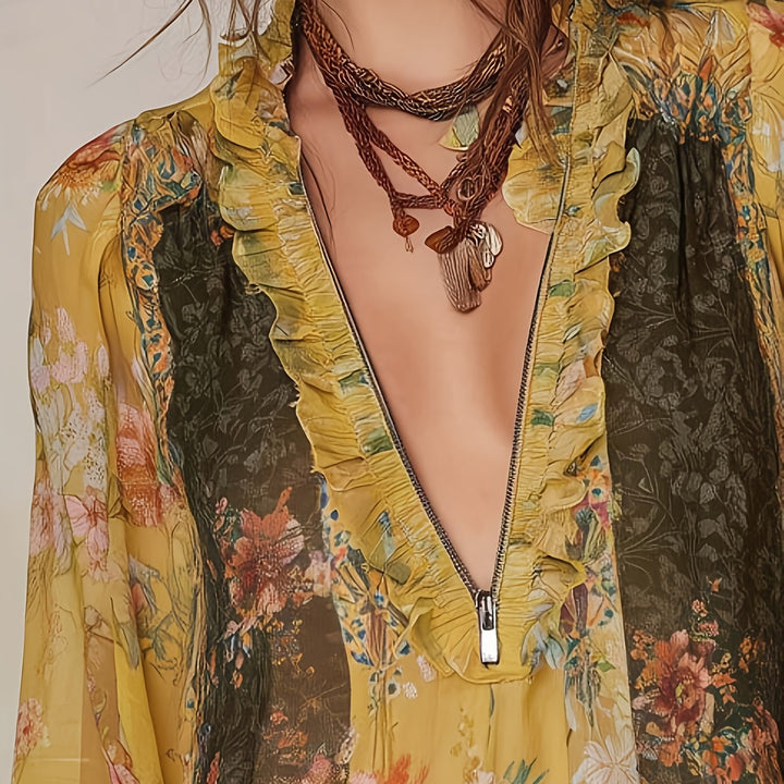 Blouse Imprimée Florale à Zip Demi
