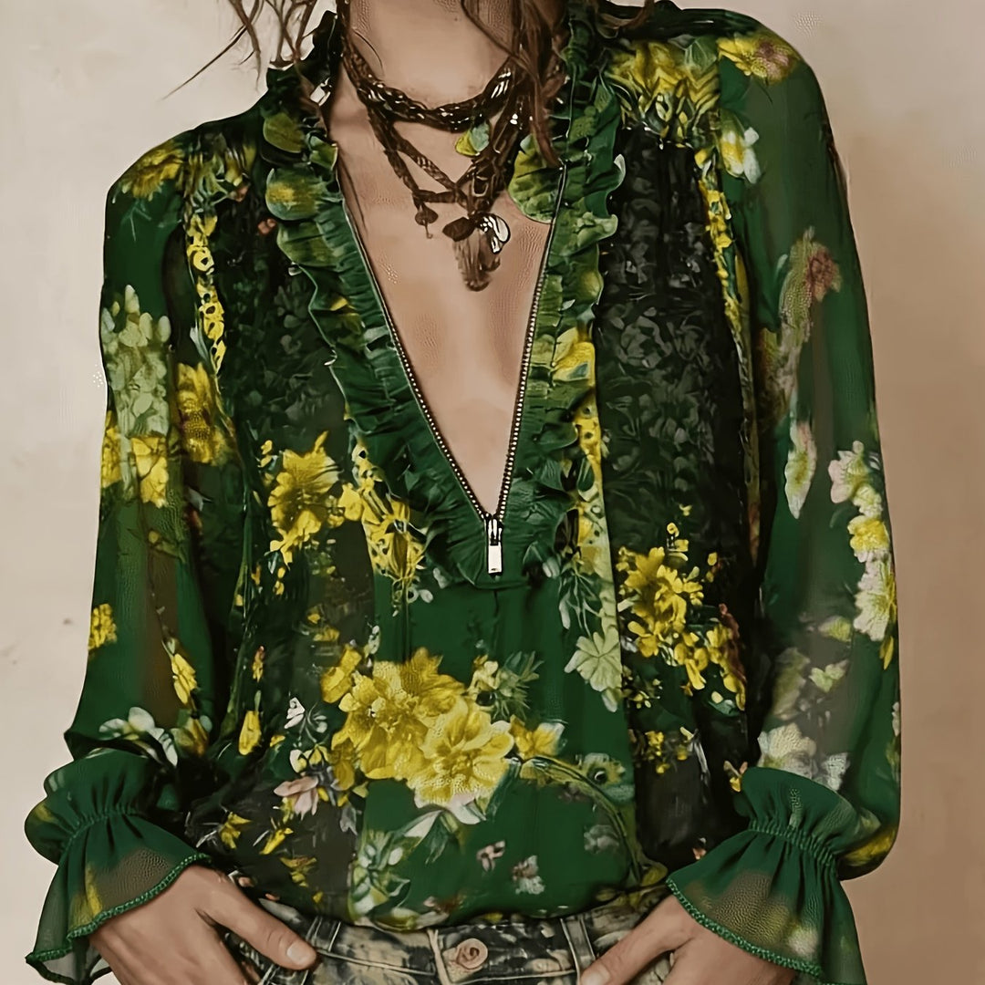 Blouse Imprimée Florale à Zip Demi