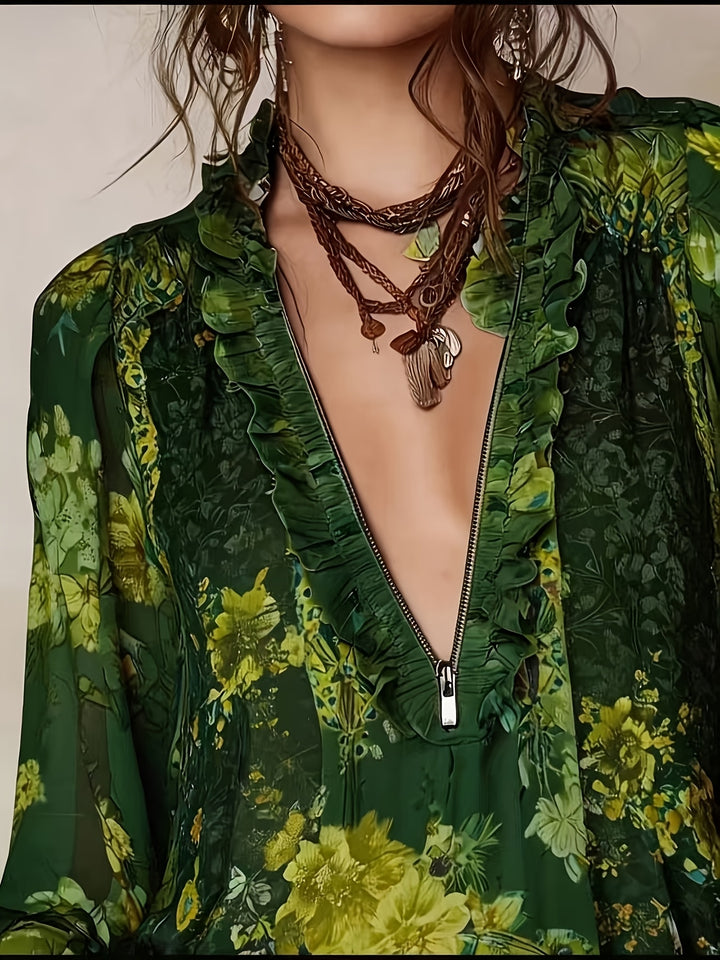 Blouse Imprimée Florale à Zip Demi
