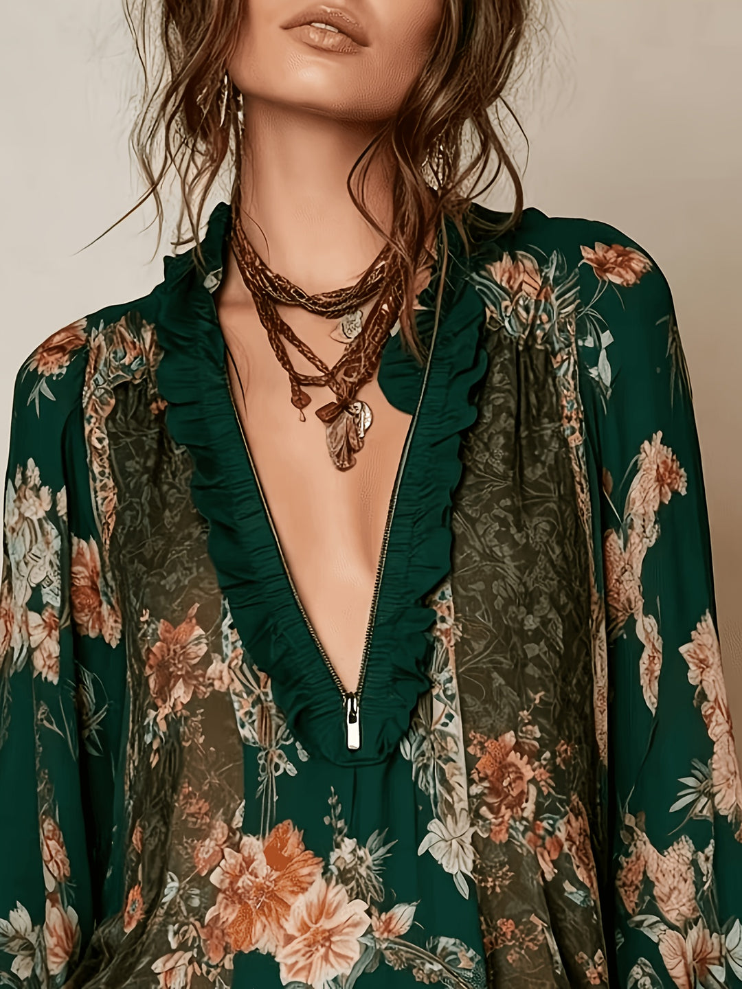 Blouse Imprimée Florale à Zip Demi